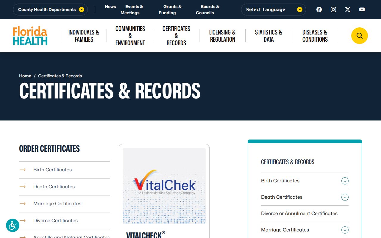 Florida vital records gateway serving Leesburg