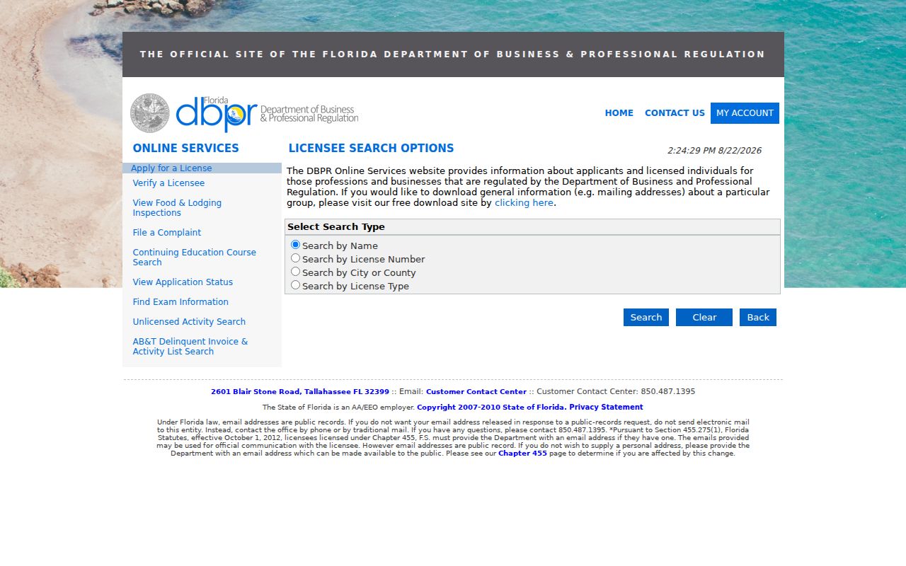 Florida professional license search used to verify a Leesburg name